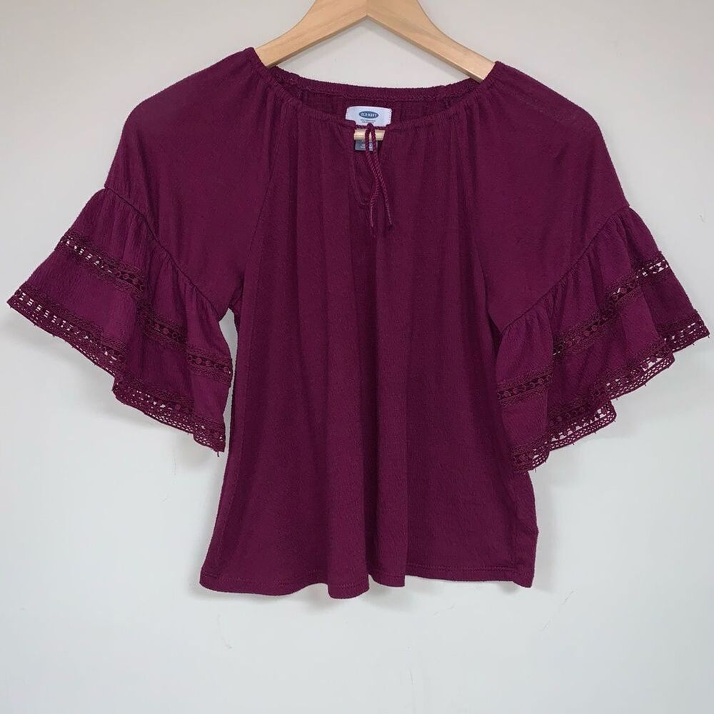 Boho Peasant Top Girls Small 6-7 shirt Blouse Flowy Hippie Fall School Burgundy - Picture 1 of 8
